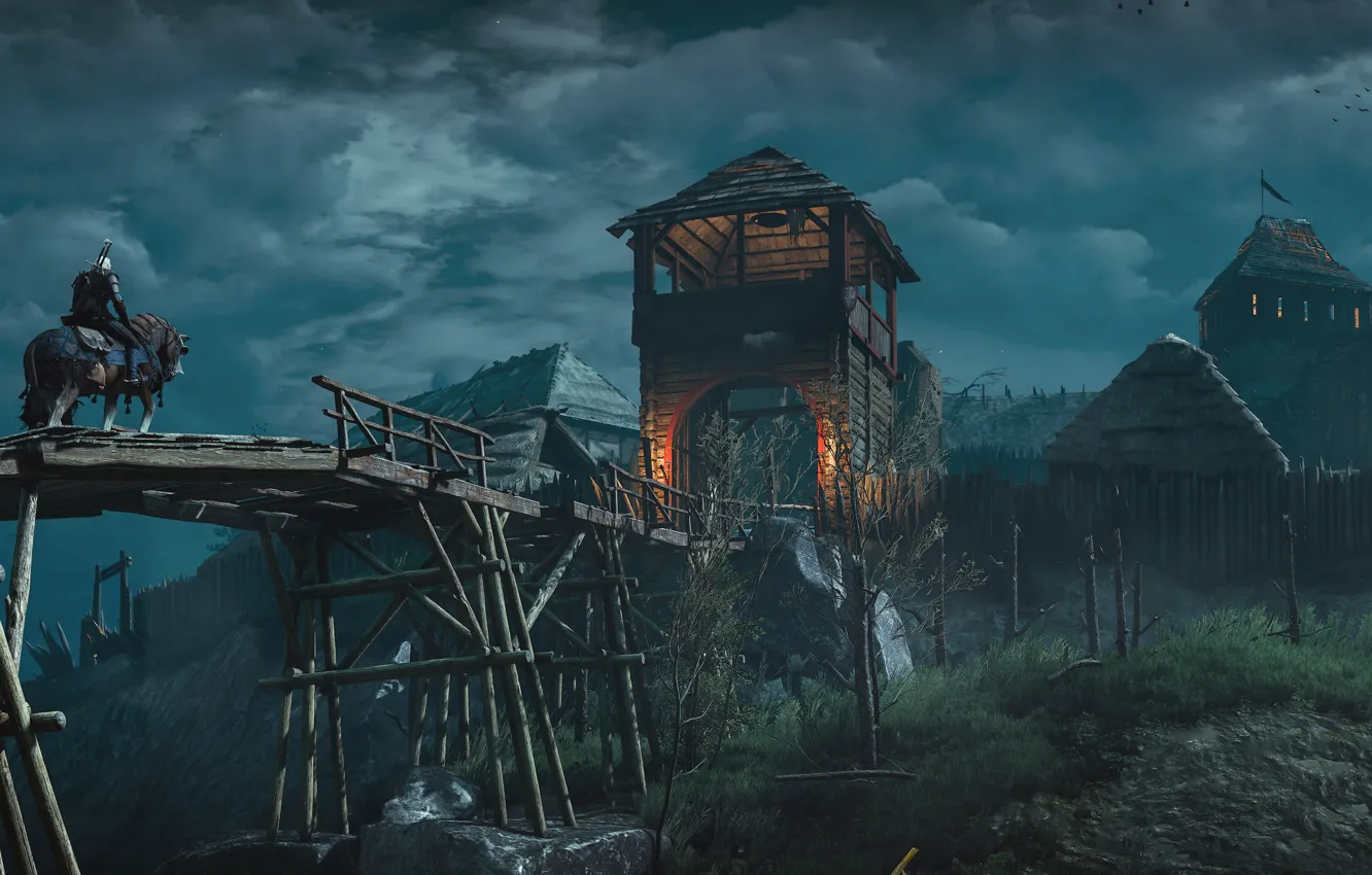 Photo wallpaper bridge, village, fortress, Geralt, The Witcher 3: Wild Hunt, The Witcher 3: Wild Hunt, roach