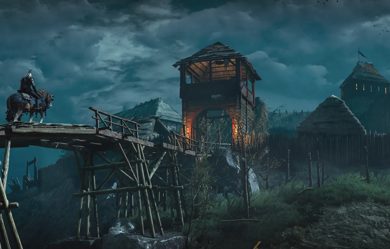 Photo wallpaper bridge, village, fortress, Geralt, The Witcher 3: Wild Hunt, The Witcher 3: Wild Hunt, Roach