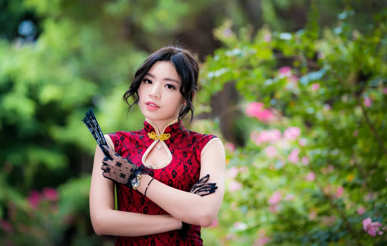 Photo wallpaper look, girl, dress, fan, gloves, Asian, cutie