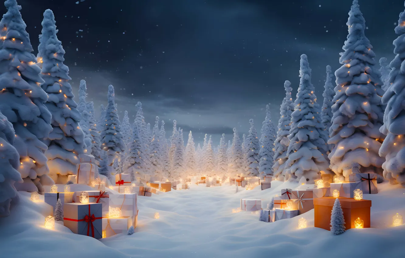 Photo wallpaper winter, forest, snow, box, gift, tree, new year, ate