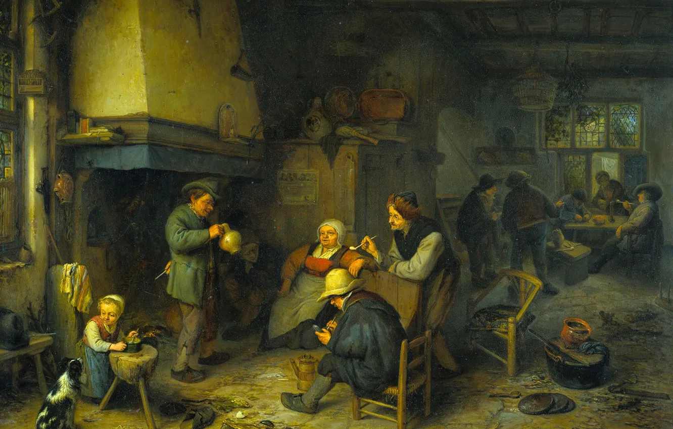 Photo wallpaper people, oil, interior, picture, Adriaen van Ostade, A company of Peasants in the Room
