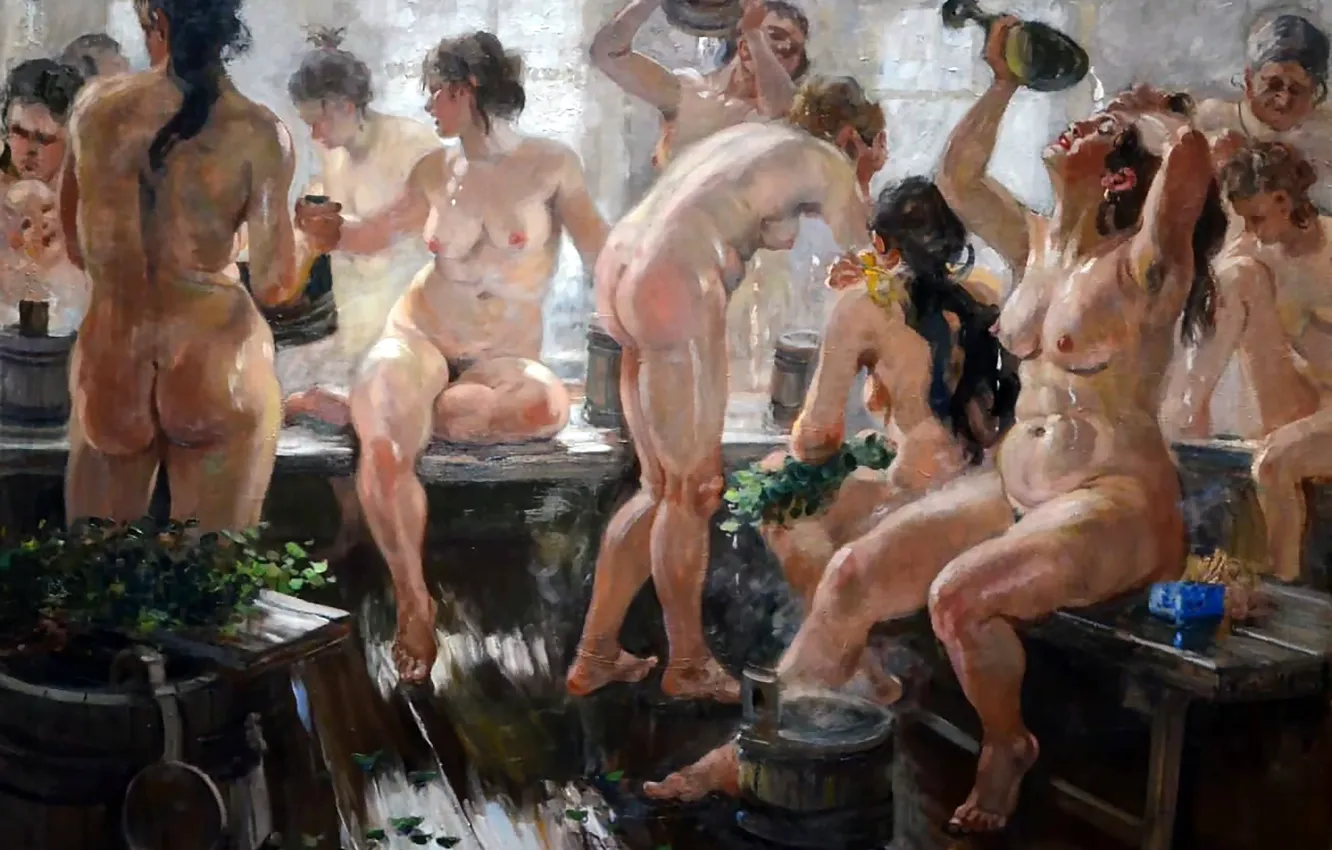Photo wallpaper woman, naked, picture, naked, Alexander Gerasimov, Aleksandr Gerasimov, Village bath, Russian Soviet painter