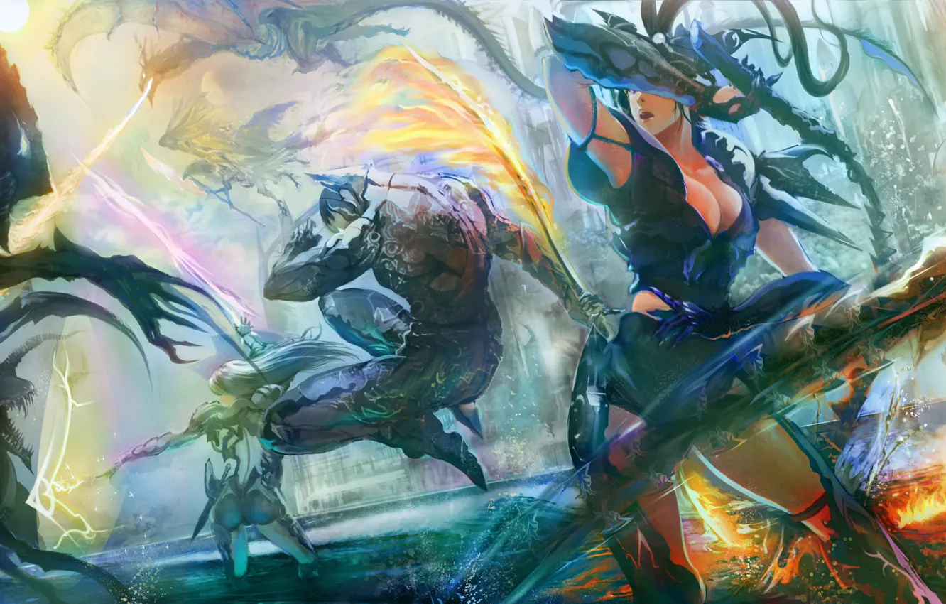 Photo wallpaper girl, lights, weapons, magic, dragon, art, battle, guy