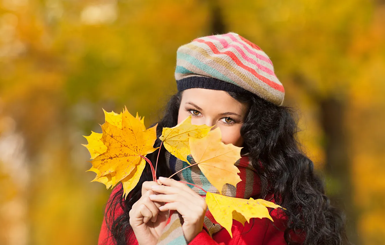 Photo wallpaper autumn, look, leaves, girl, brunette, scarf, curls, takes