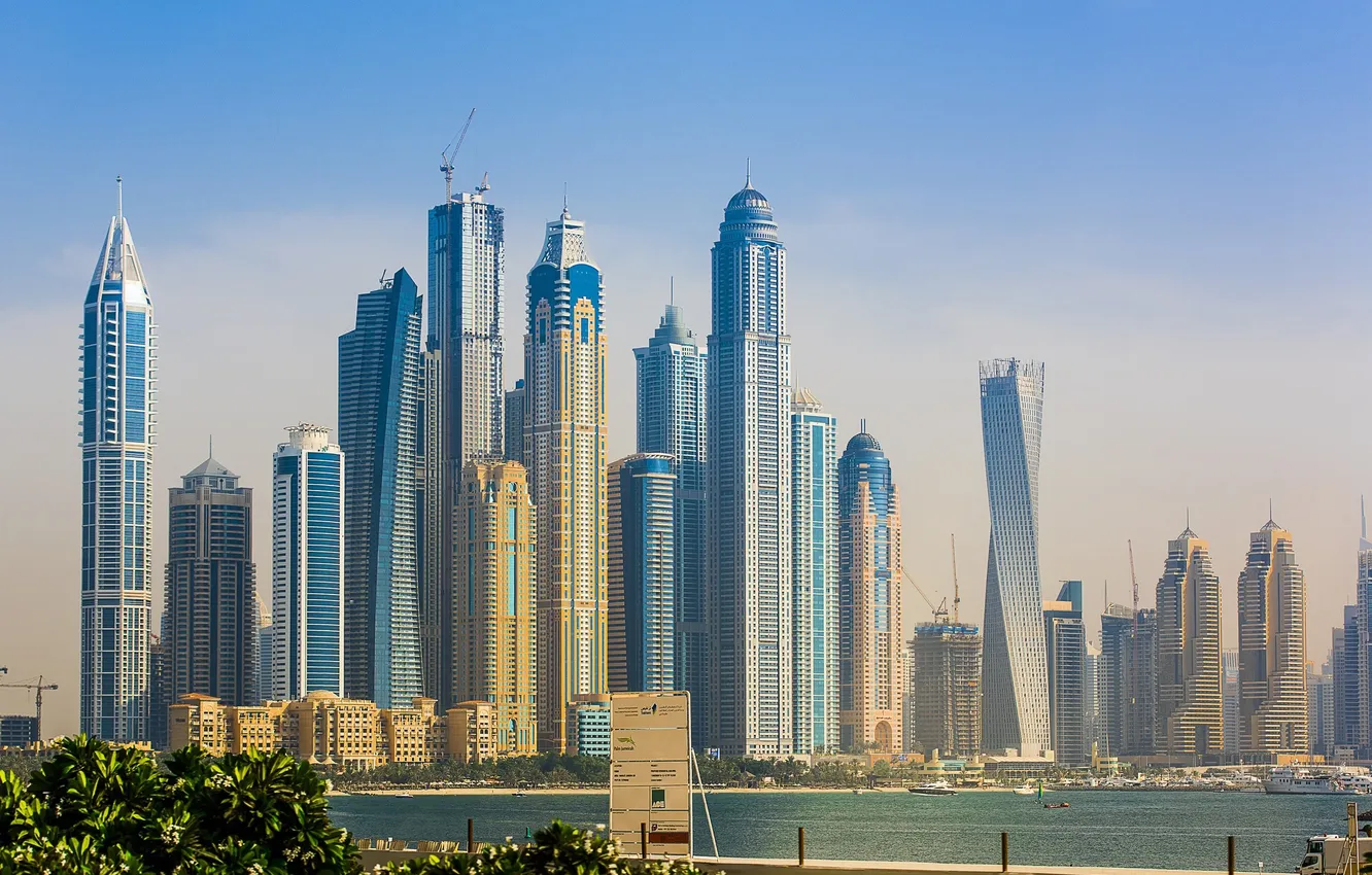 Photo wallpaper Dubai, skyline, sky, sea, water, buildings, plants, skyscrapers