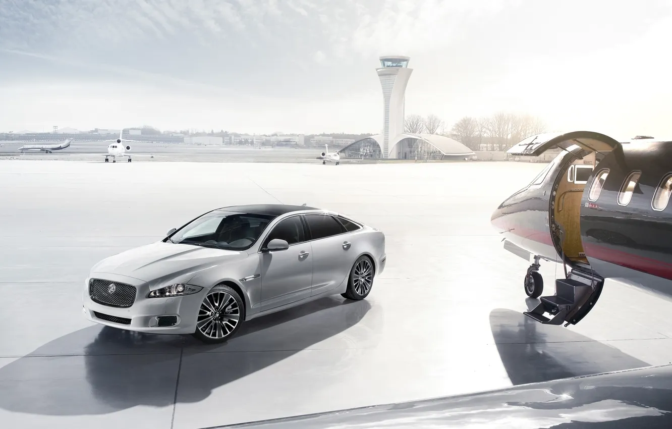 Photo wallpaper white, the sky, Jaguar, Jaguar, airport, sedan, Ultimate, the front