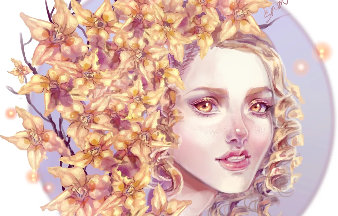 Photo wallpaper look, branches, face, hair, art, flowers, Sillselly