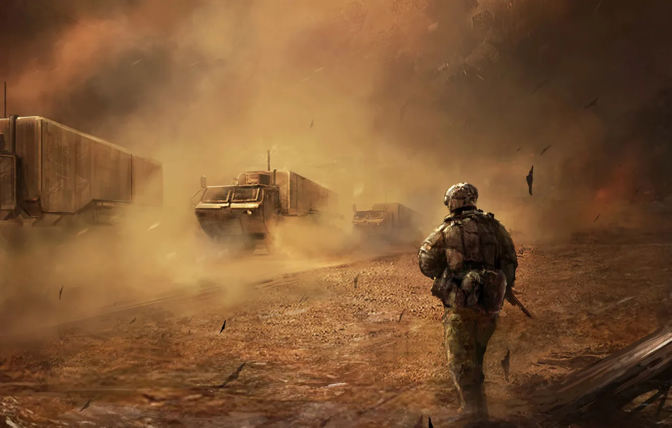 Photo wallpaper machine, war, desert, storm, soldiers, Truck, war