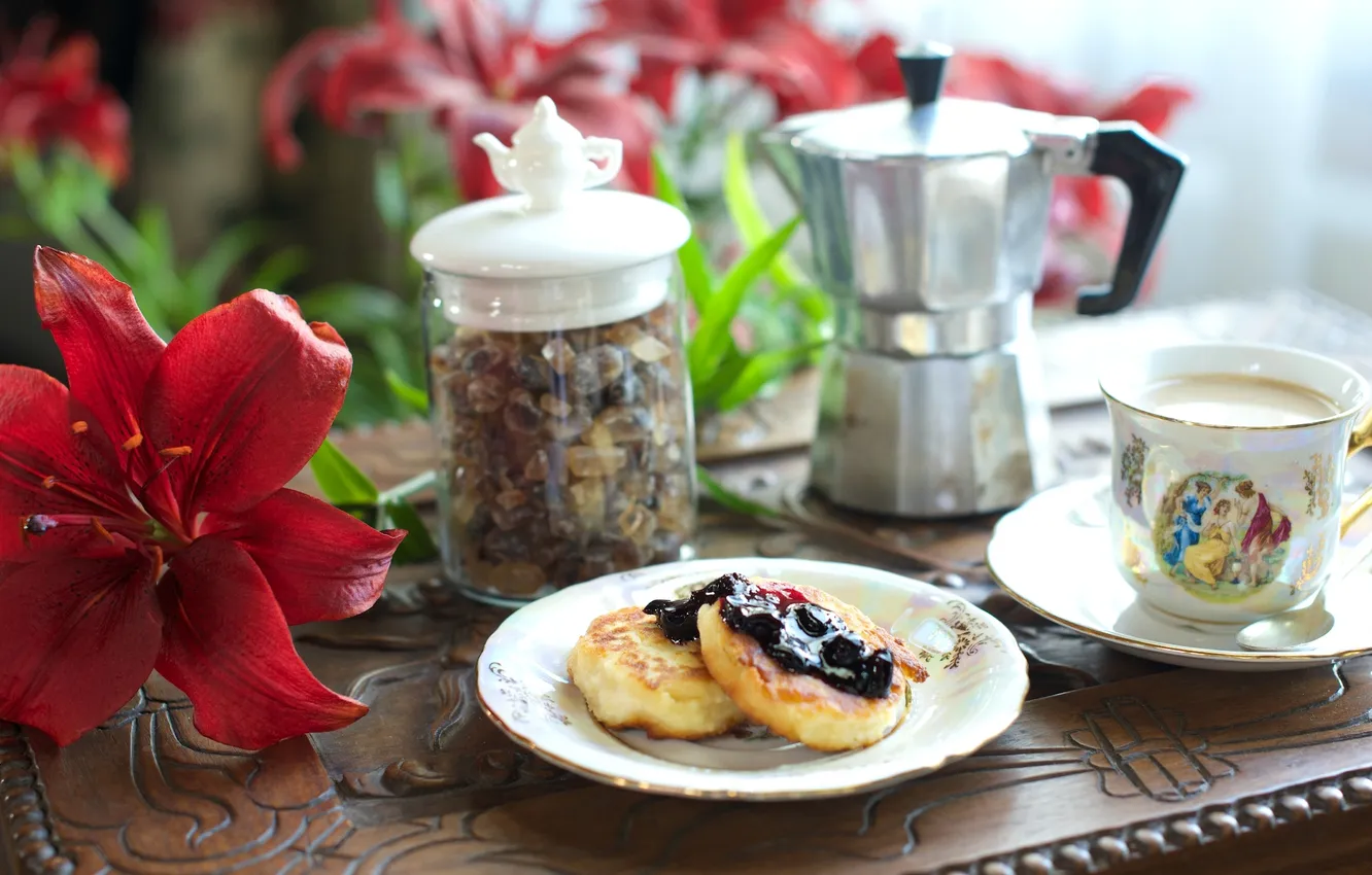 Photo wallpaper flowers, Lily, coffee, Breakfast, jam, raisins, cheesecakes