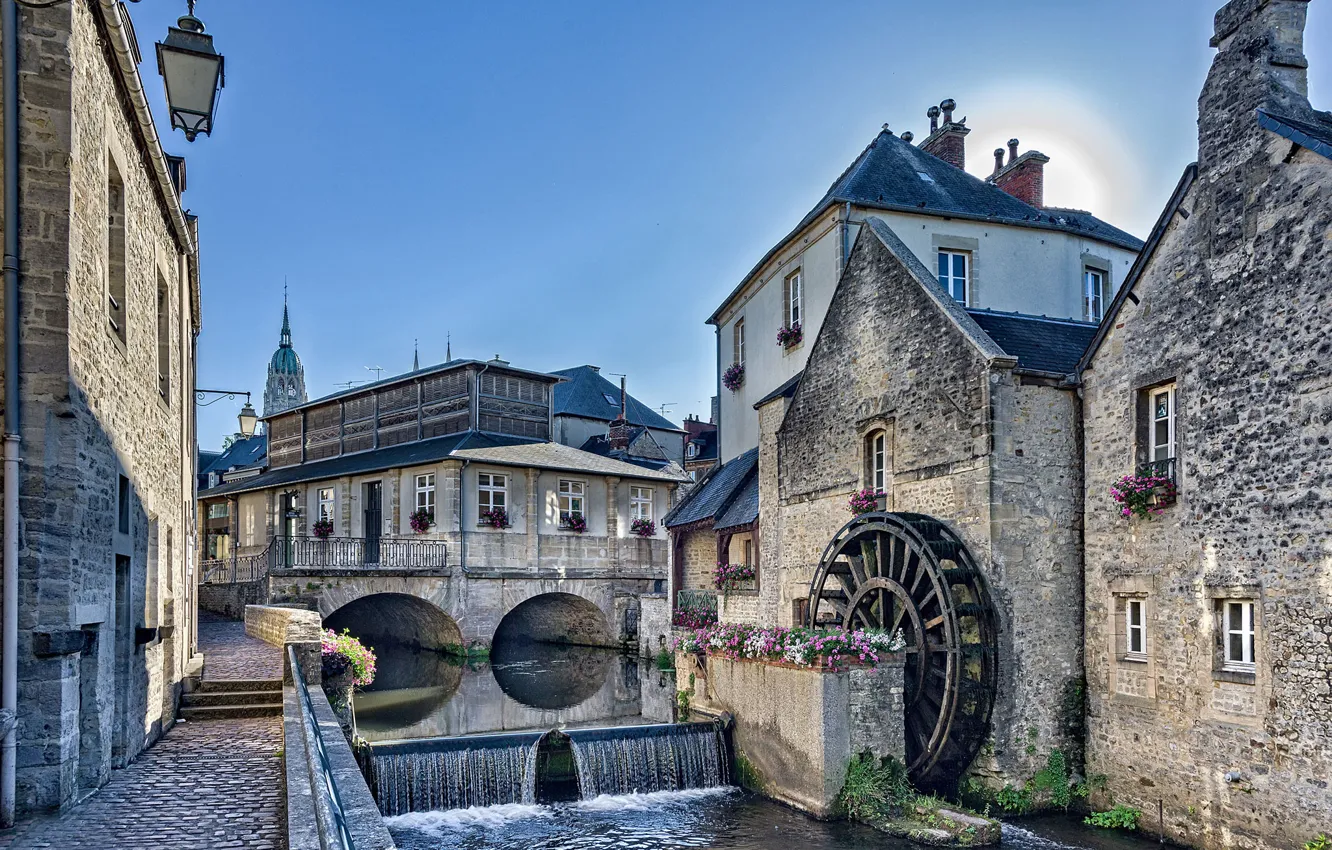 Photo wallpaper flowers, river, France, building, home, cascade, promenade, water mill