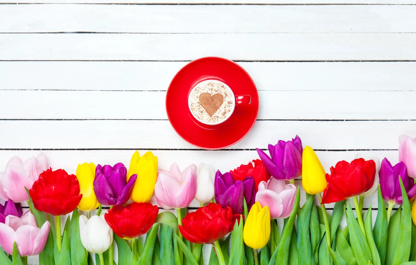 Photo wallpaper flowers, heart, colorful, tulips, heart, wood, cup, romantic