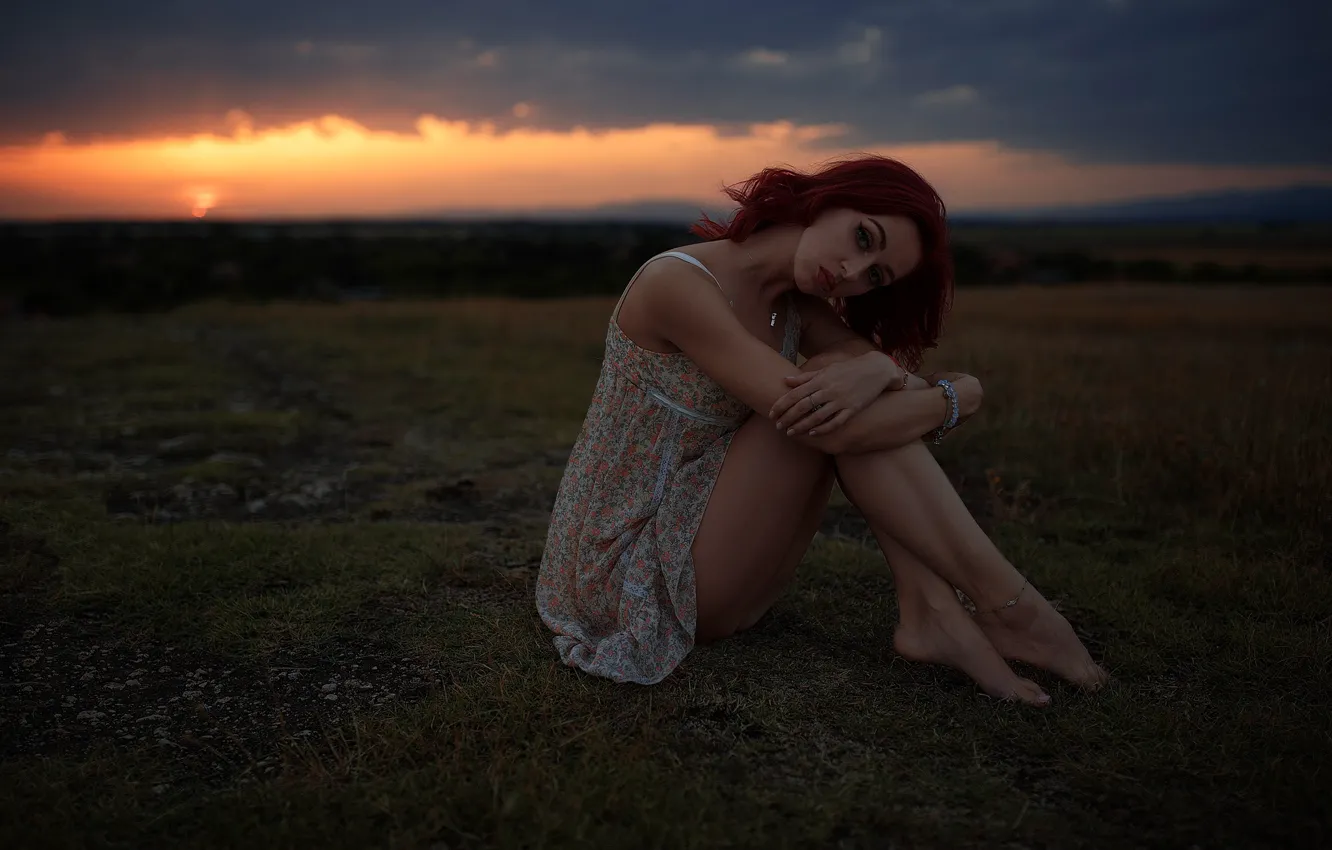 Photo wallpaper girl, decoration, sunset, nature, pose, barefoot, makeup, dress