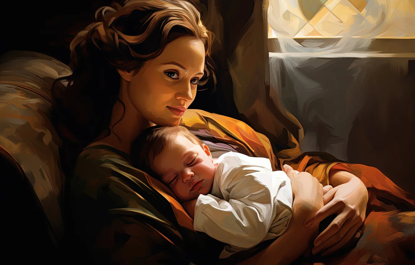 Photo wallpaper girl, love, children, two, mom, baby, digital art, AI art