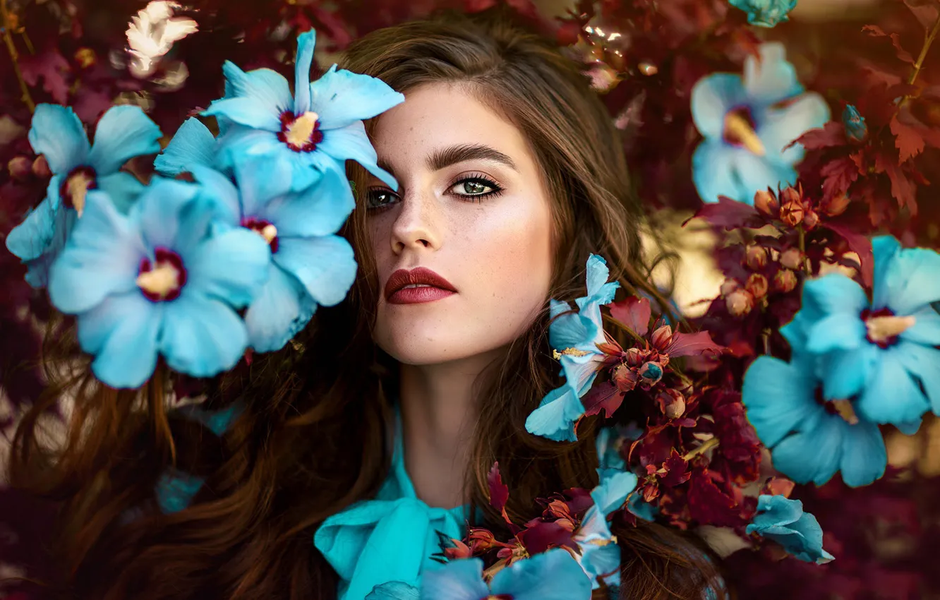 Photo wallpaper summer, look, leaves, girl, flowers, branches, nature, face
