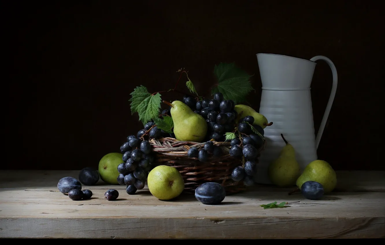 Photo wallpaper style, background, grapes, pitcher, fruit, still life, basket, plum