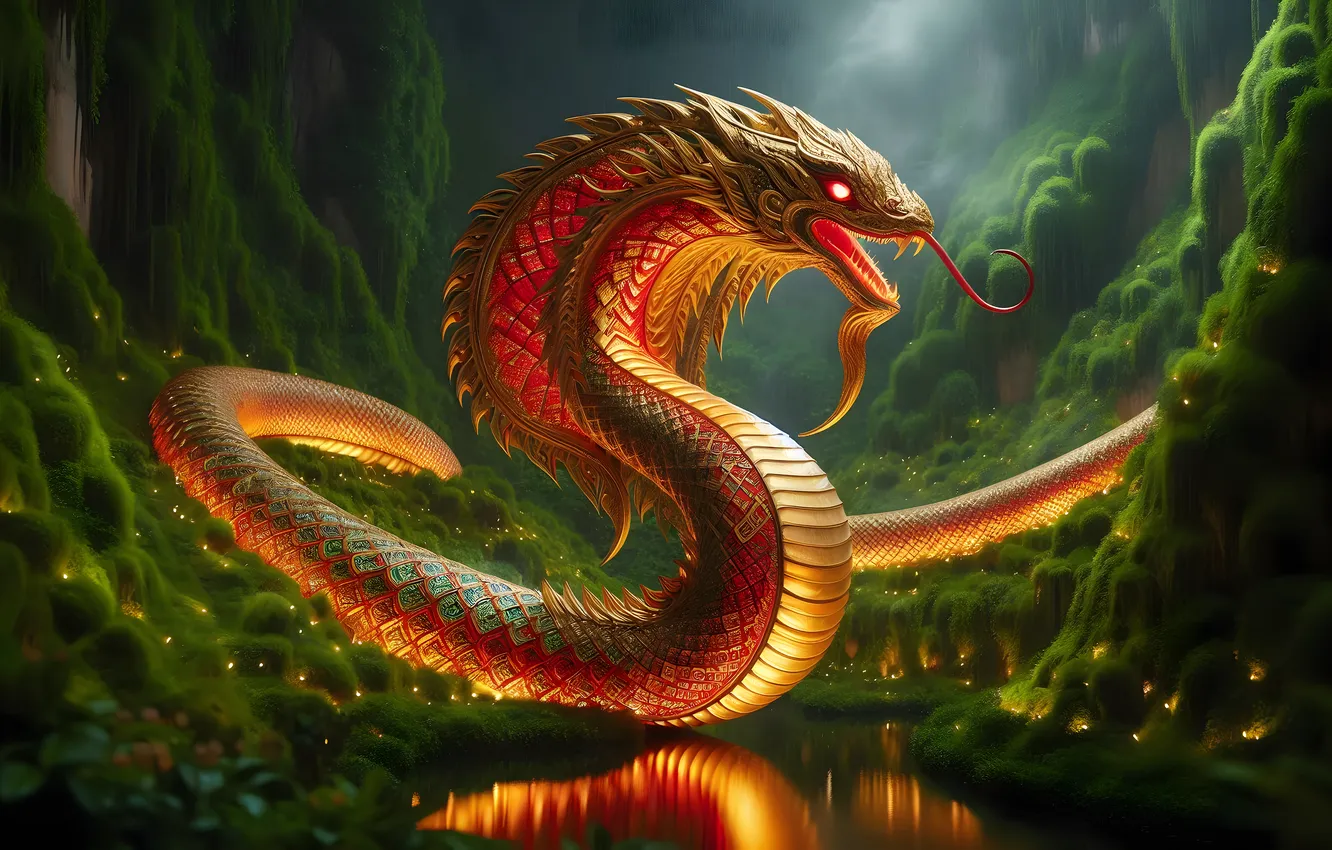 Photo wallpaper lights, reflection, hills, dragon, snake, fantasy, Christmas, mouth