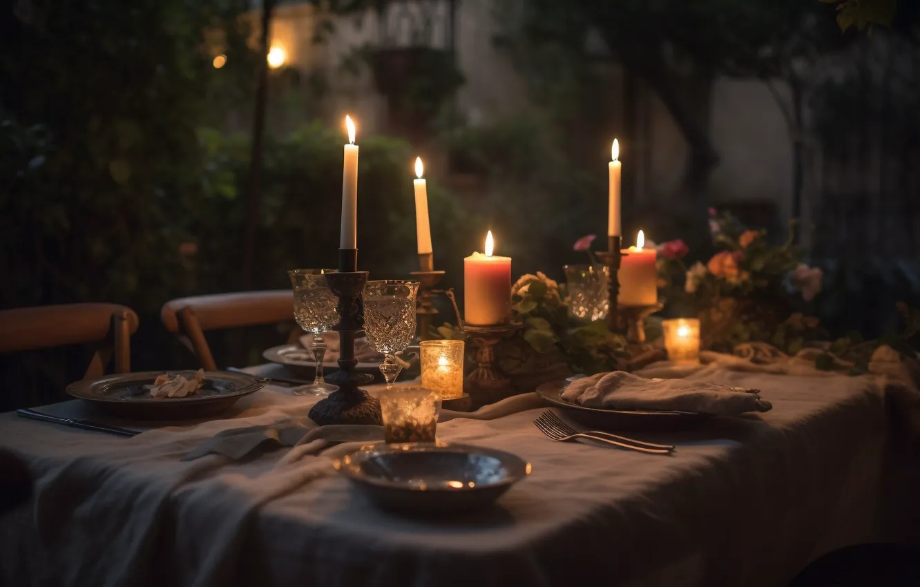 Photo wallpaper table, glass, the evening, candles, dishes, AI art, neural network