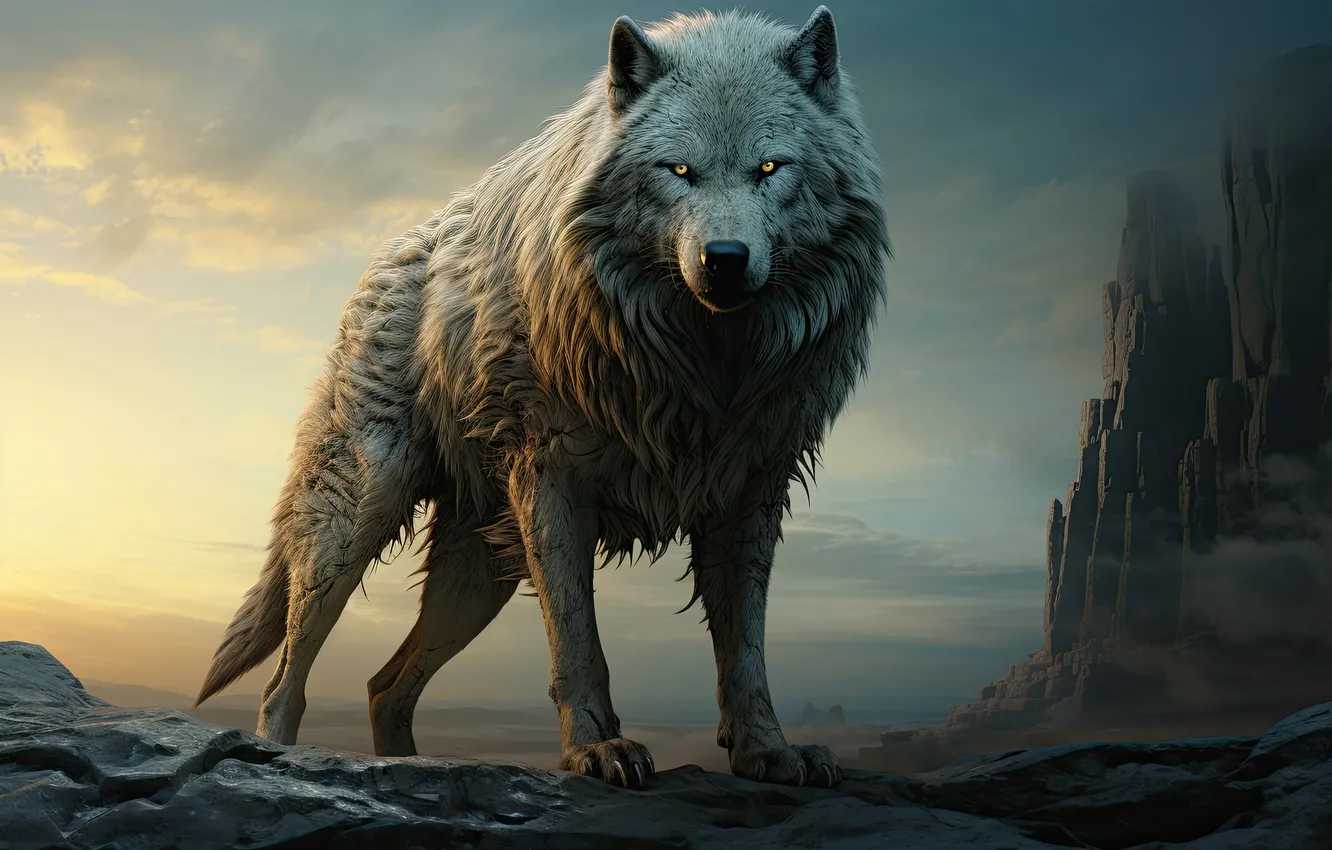 Photo wallpaper the sky, look, face, clouds, mountains, fog, stones, grey