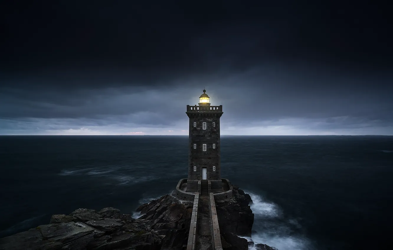 Photo wallpaper sea, the sky, clouds, light, clouds, lighthouse, the evening