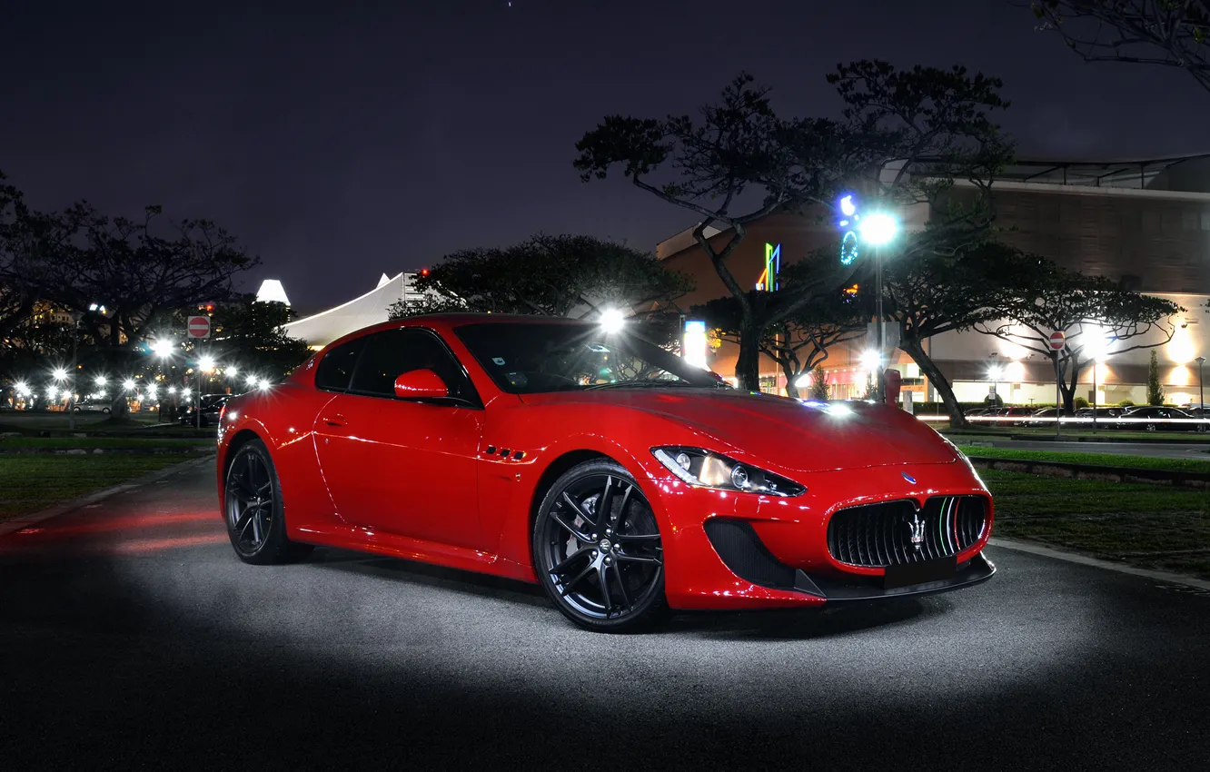 Photo wallpaper Maserati, light, red, night, front, street, granturismo, mc road