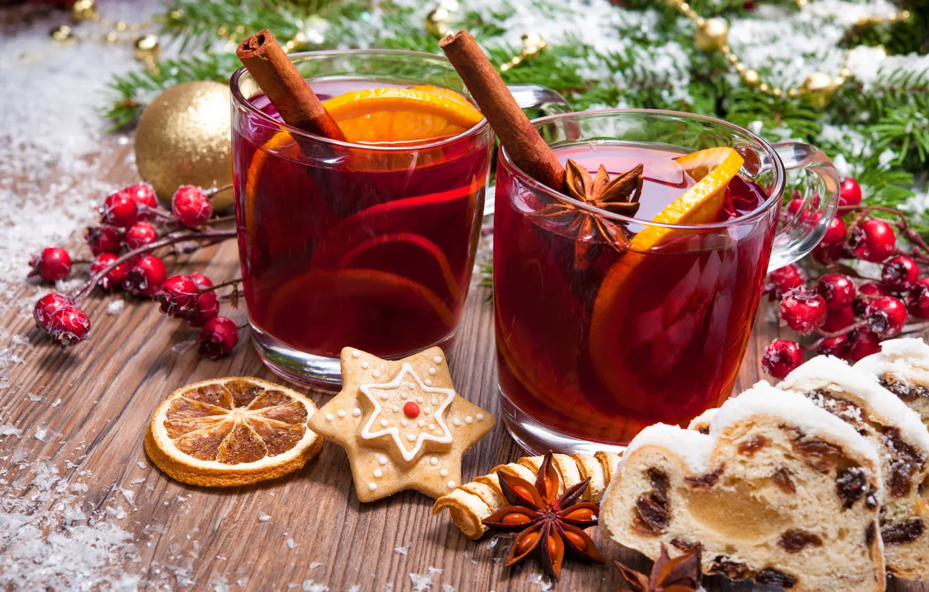 Photo wallpaper new year, cookies, Christmas, wine, orange, merry christmas, punch, tea