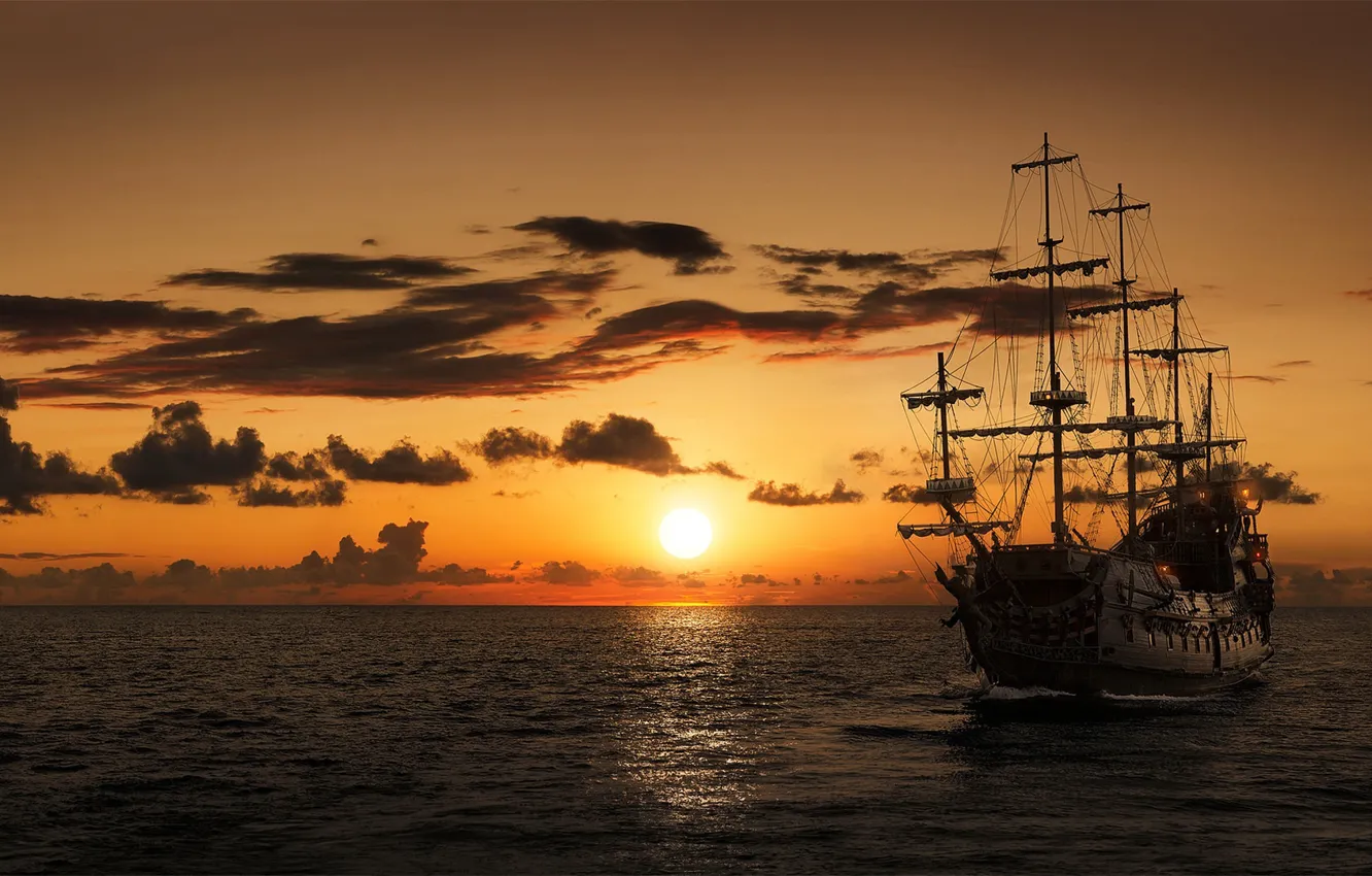 Photo wallpaper sea, sunset, ship, sailboat, frigate