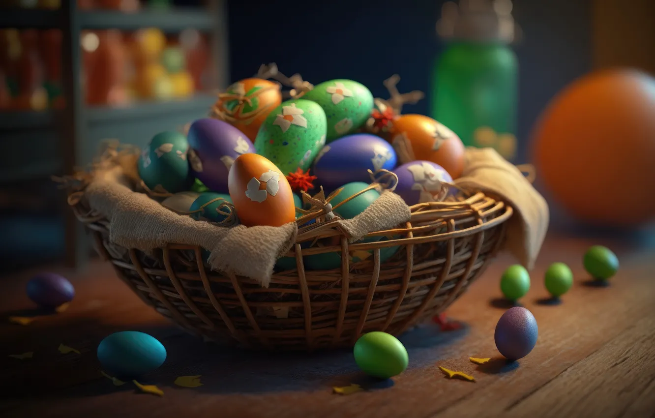 Photo wallpaper eggs, Easter, basket, colorful, eggs, neural network