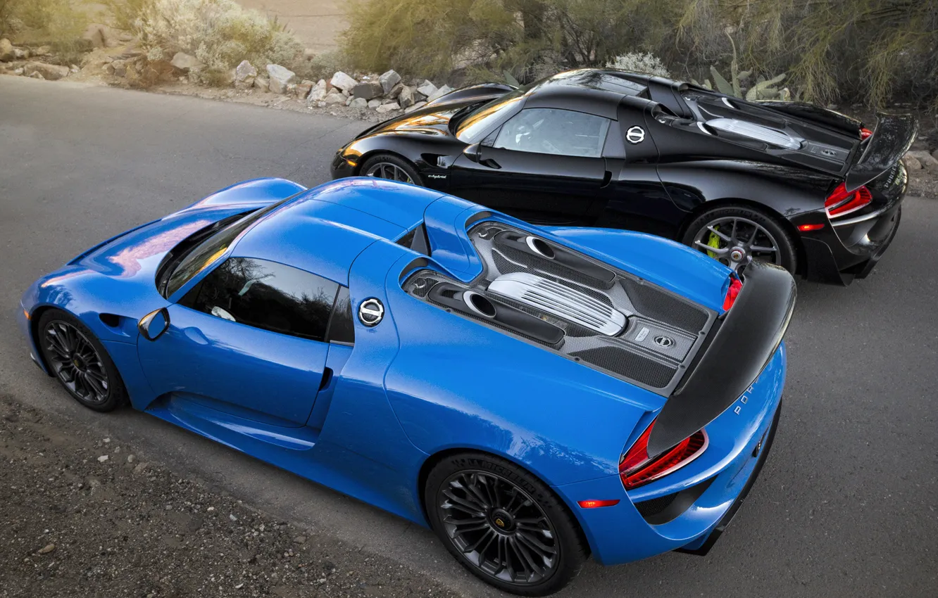 Photo wallpaper Porsche, Blue, Black, Spyder, 918, Road, Supercar