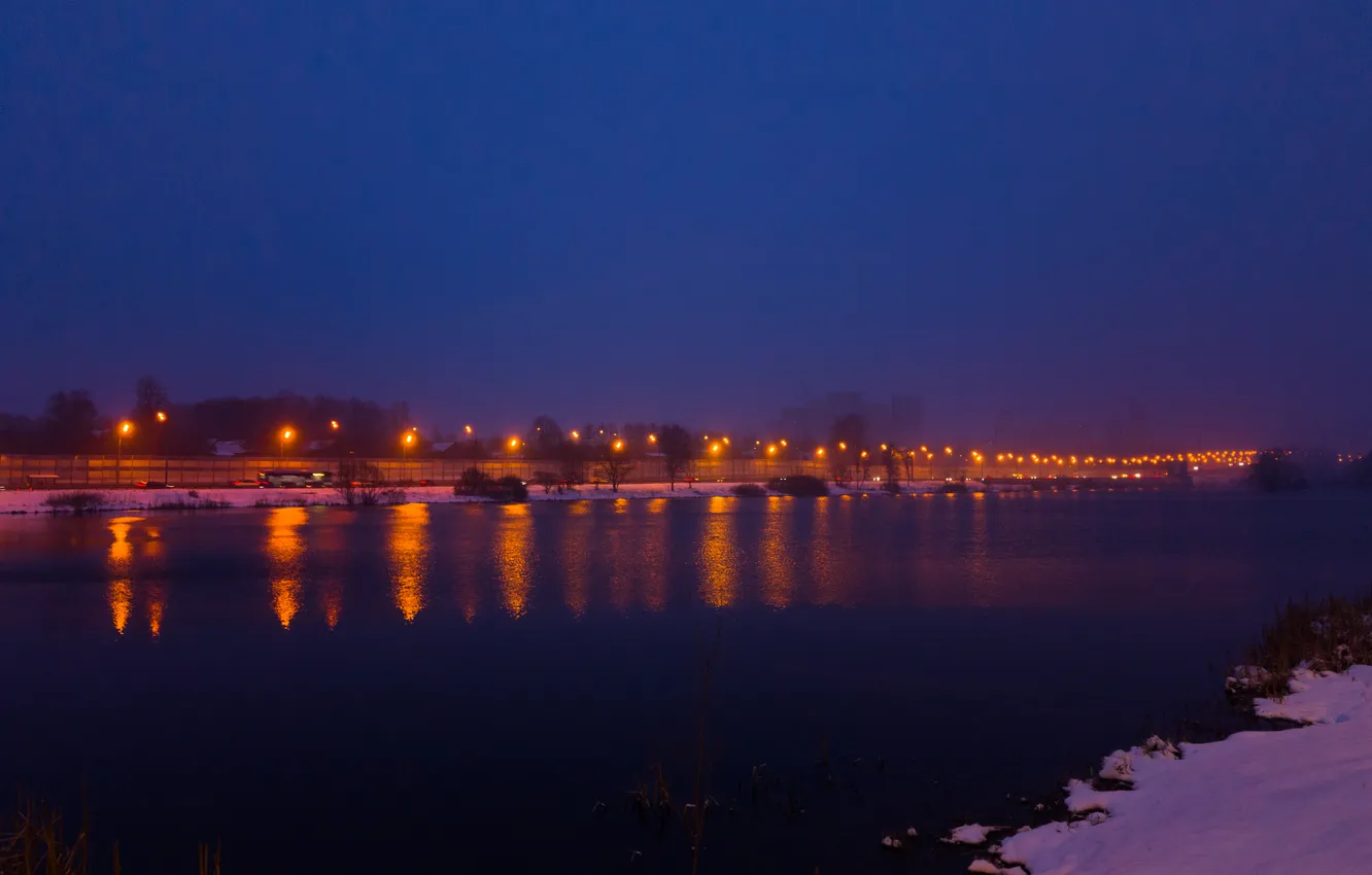 Photo wallpaper road, the sky, machine, lake, spring, the evening, lights, Russia