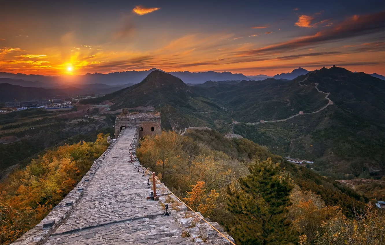 Photo wallpaper sunset, China, Great Wall, Simatai