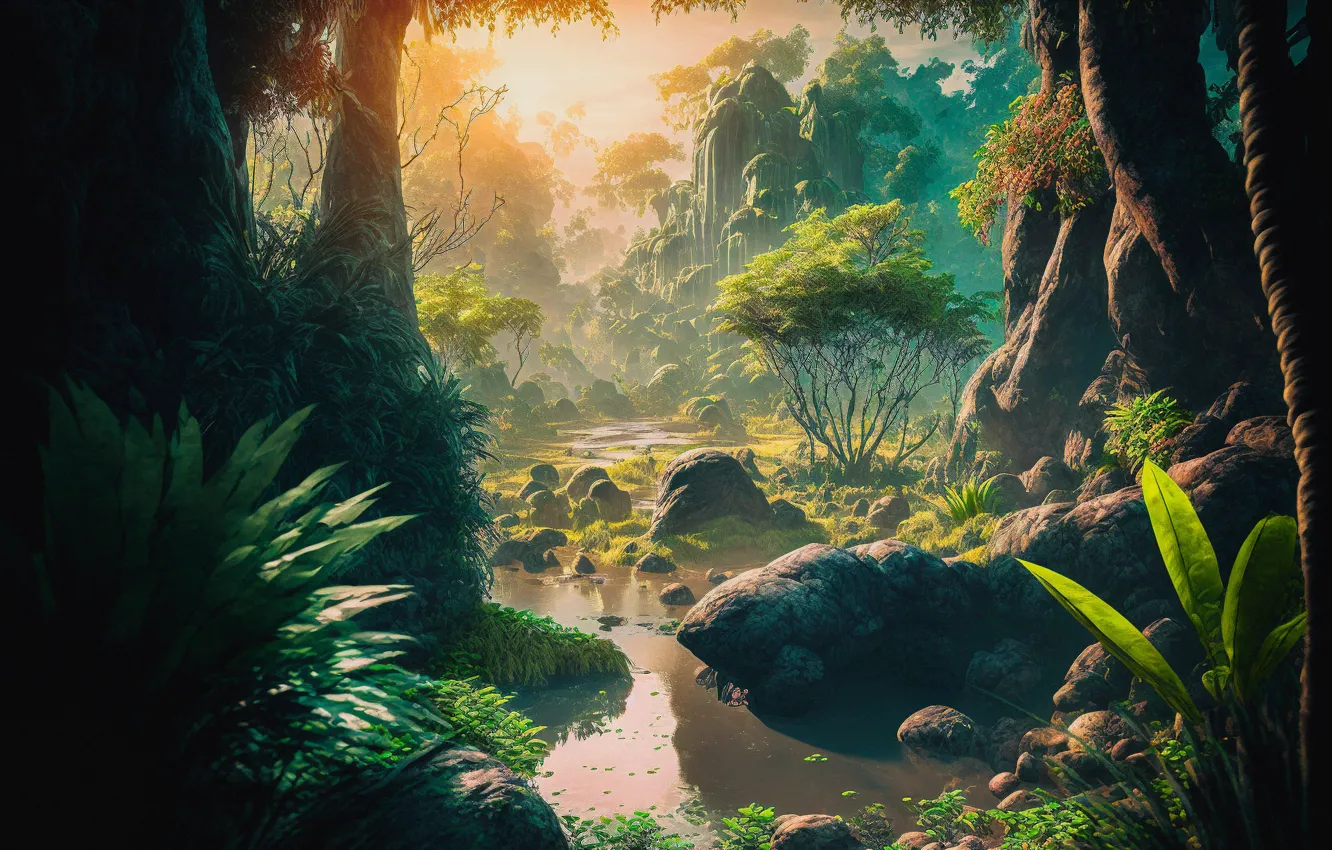 Photo wallpaper forest, light, trees, landscape, nature, stones, view, picture