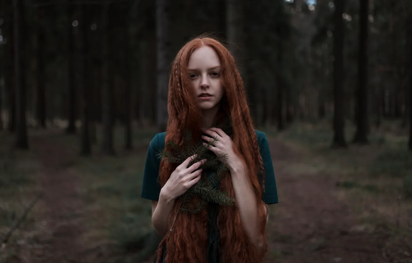 Photo wallpaper forest, girl, hair, dress, red, Olya, Juliana Naidenova