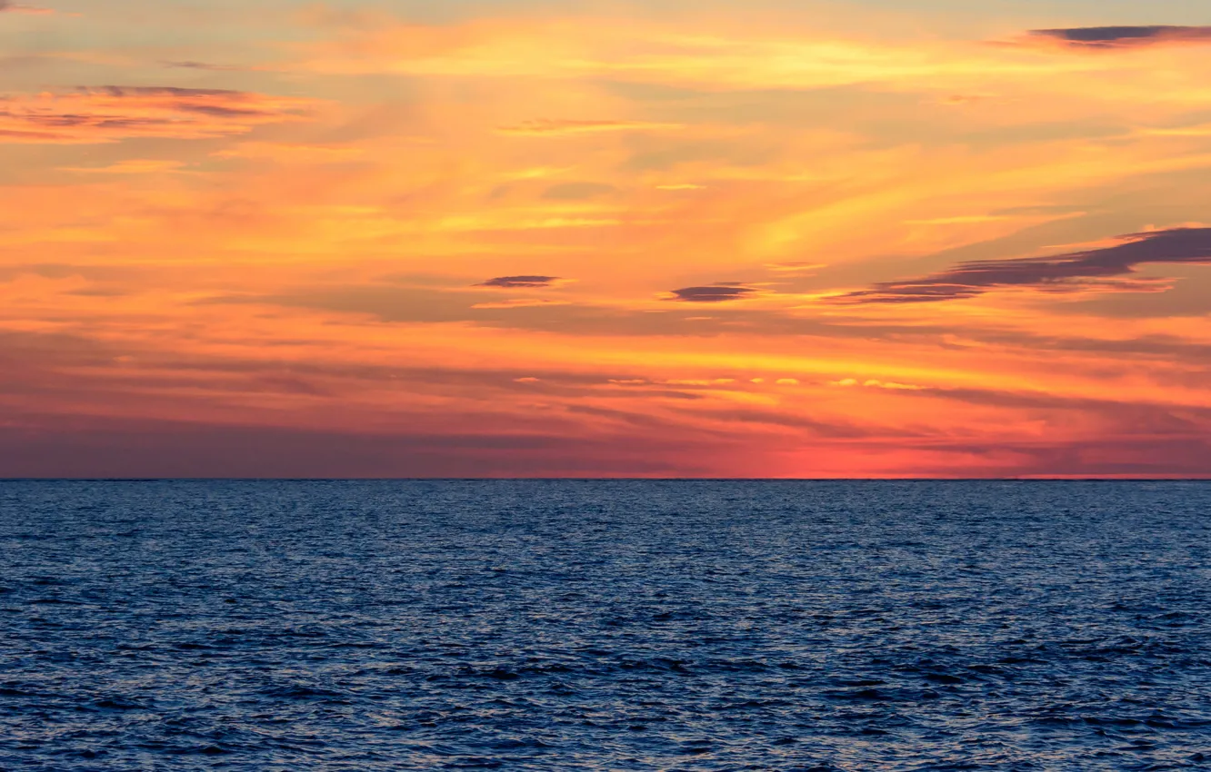 Photo wallpaper sea, sunset, horizon, orange sky
