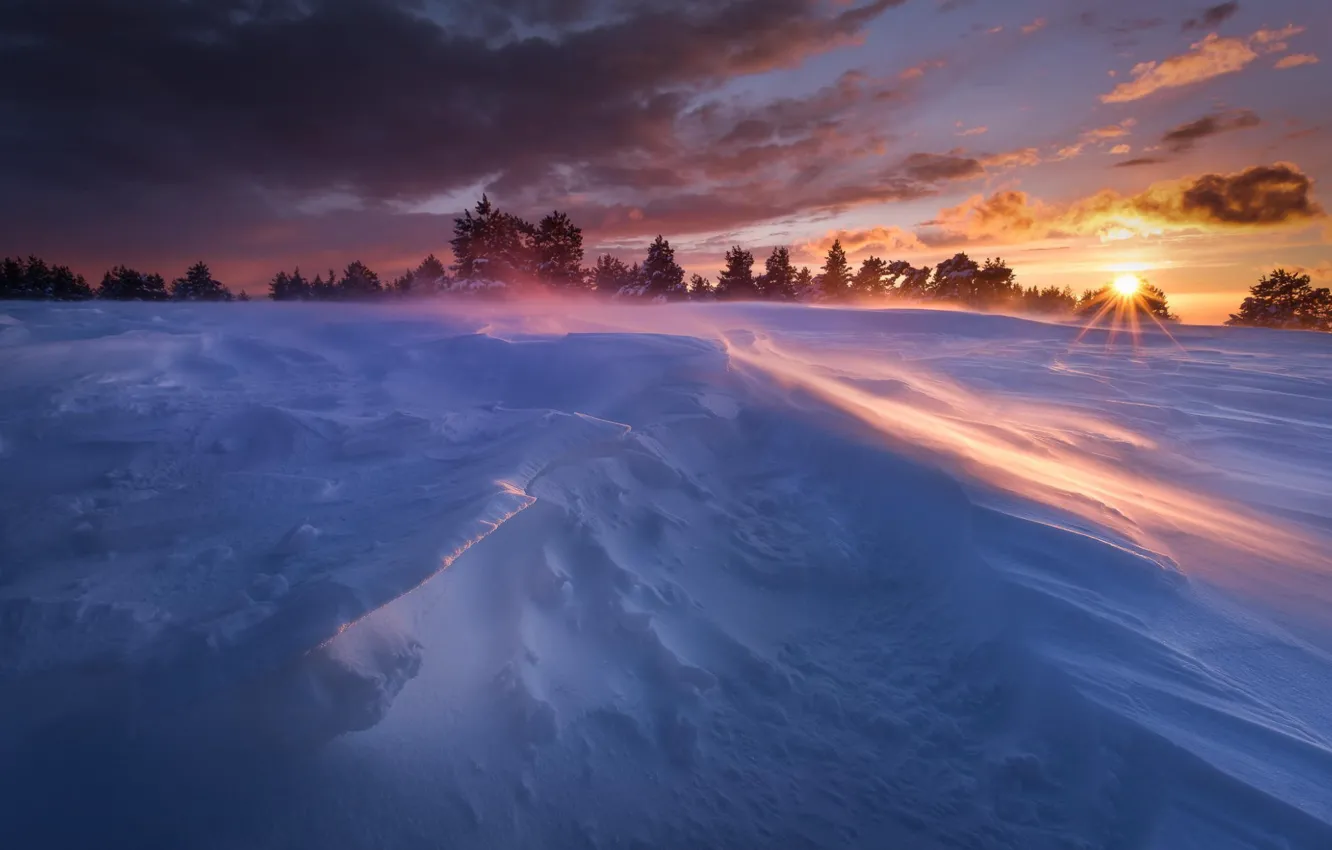 Photo wallpaper winter, the sky, the sun, clouds, rays, snow, sunset