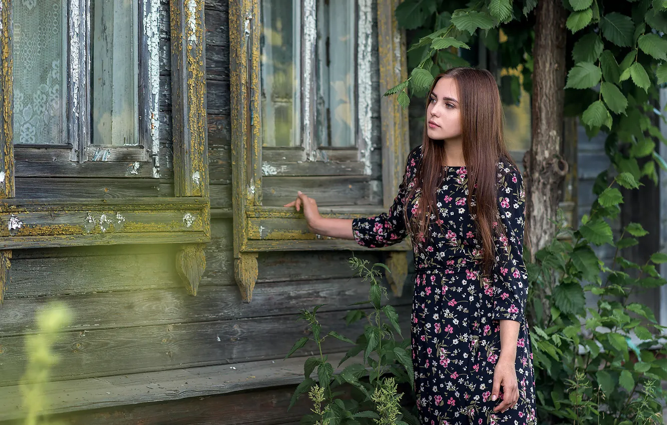 Photo wallpaper girl, house, Windows, dress, nettle, Anna Sedova