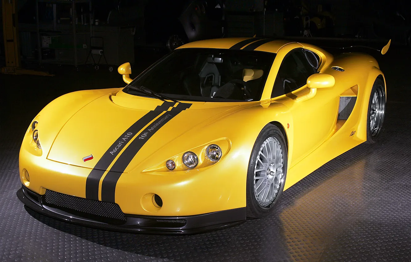 Photo wallpaper yellow, dark, garage, black stripes, Ascari, A10