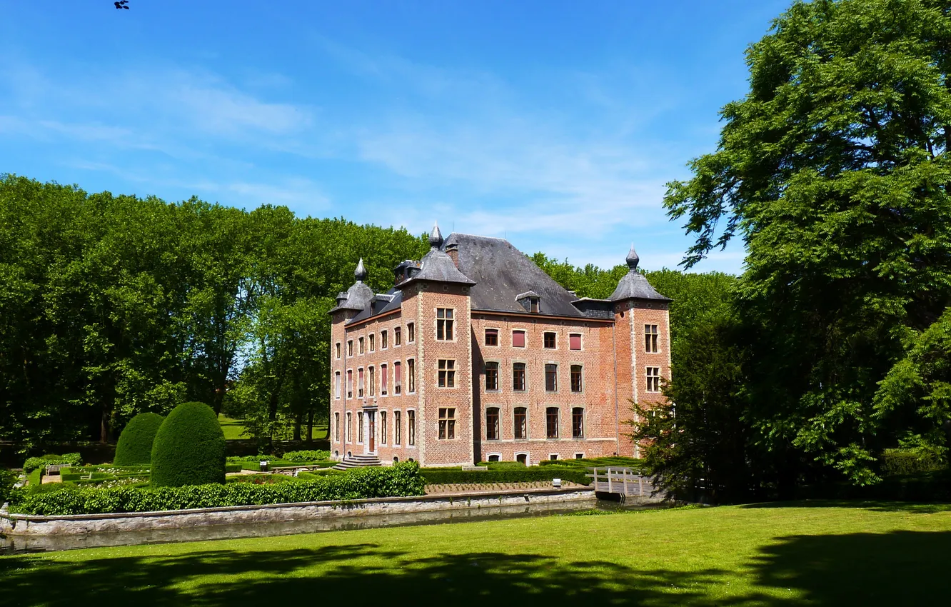 Photo wallpaper trees, castle, lawn, Belgium, the bridge, the bushes, ditch, Castle Coloma