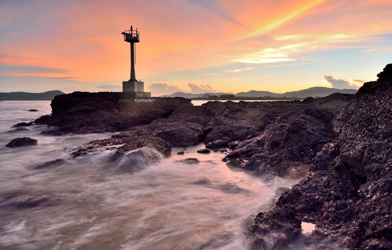 Photo wallpaper sea, the city, stones, the evening, surf