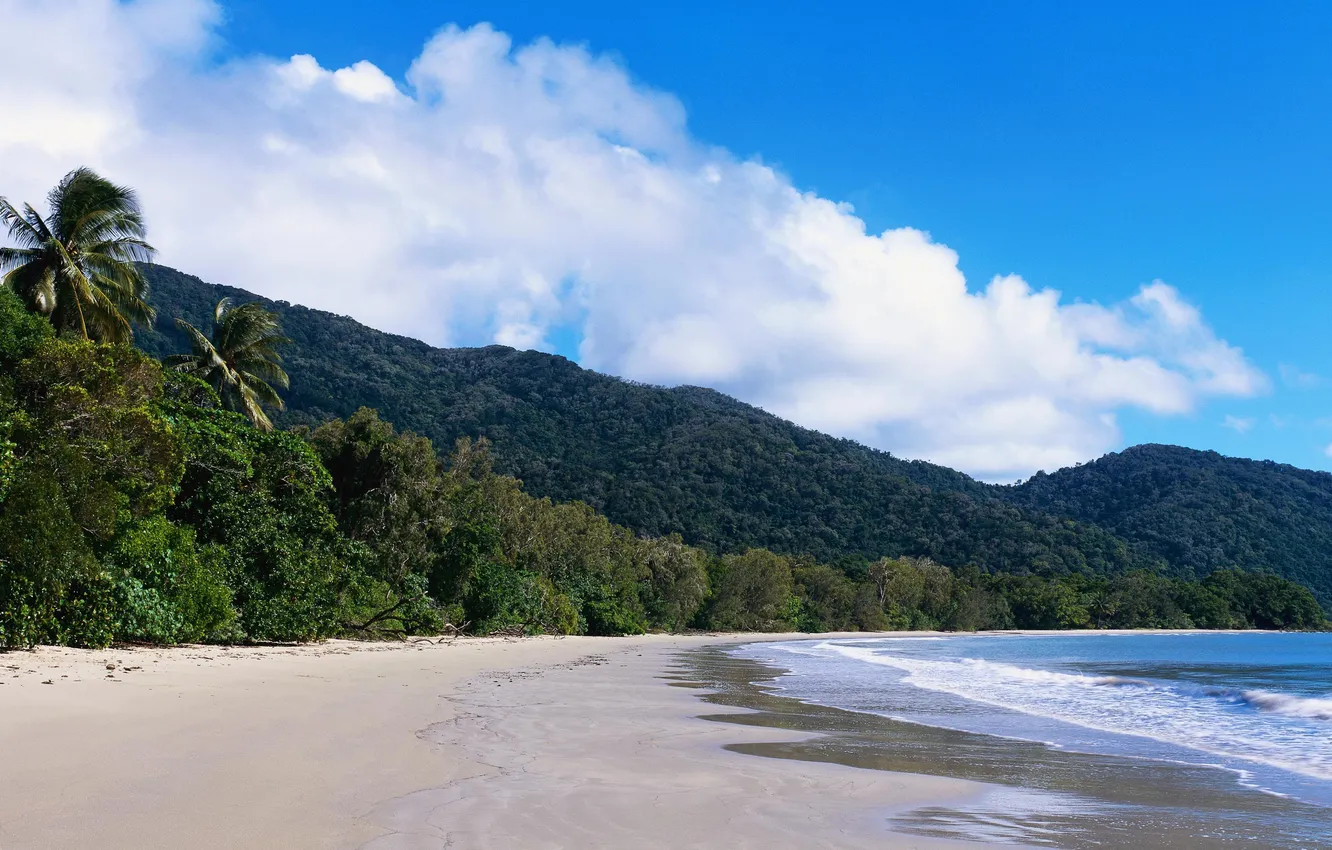 Photo wallpaper sand, sea, summer, the sky, water, clouds, mountains, nature