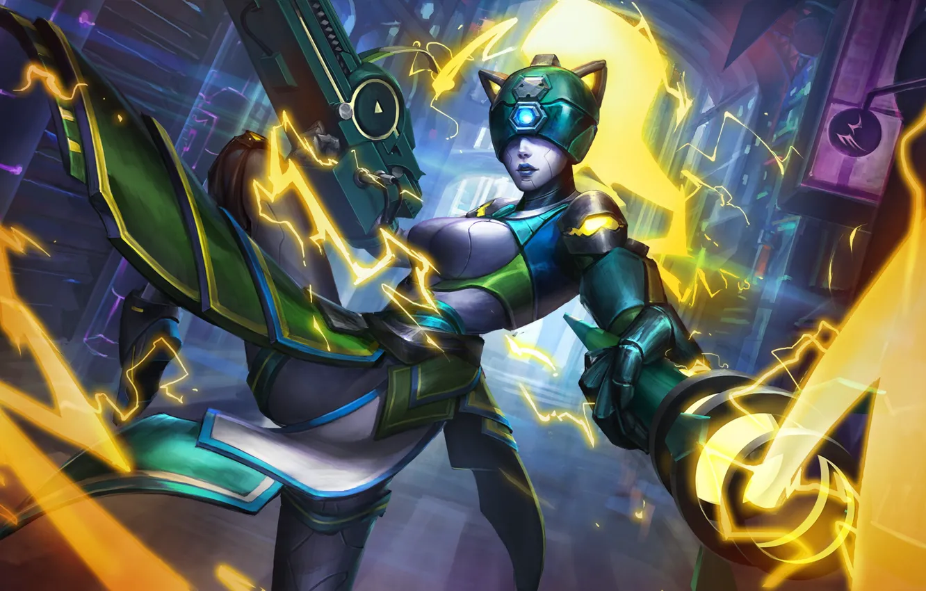 Photo wallpaper girl, electricity, staff, gun, hon, Heroes of Newerth, Bushwack, F.L.E.X.