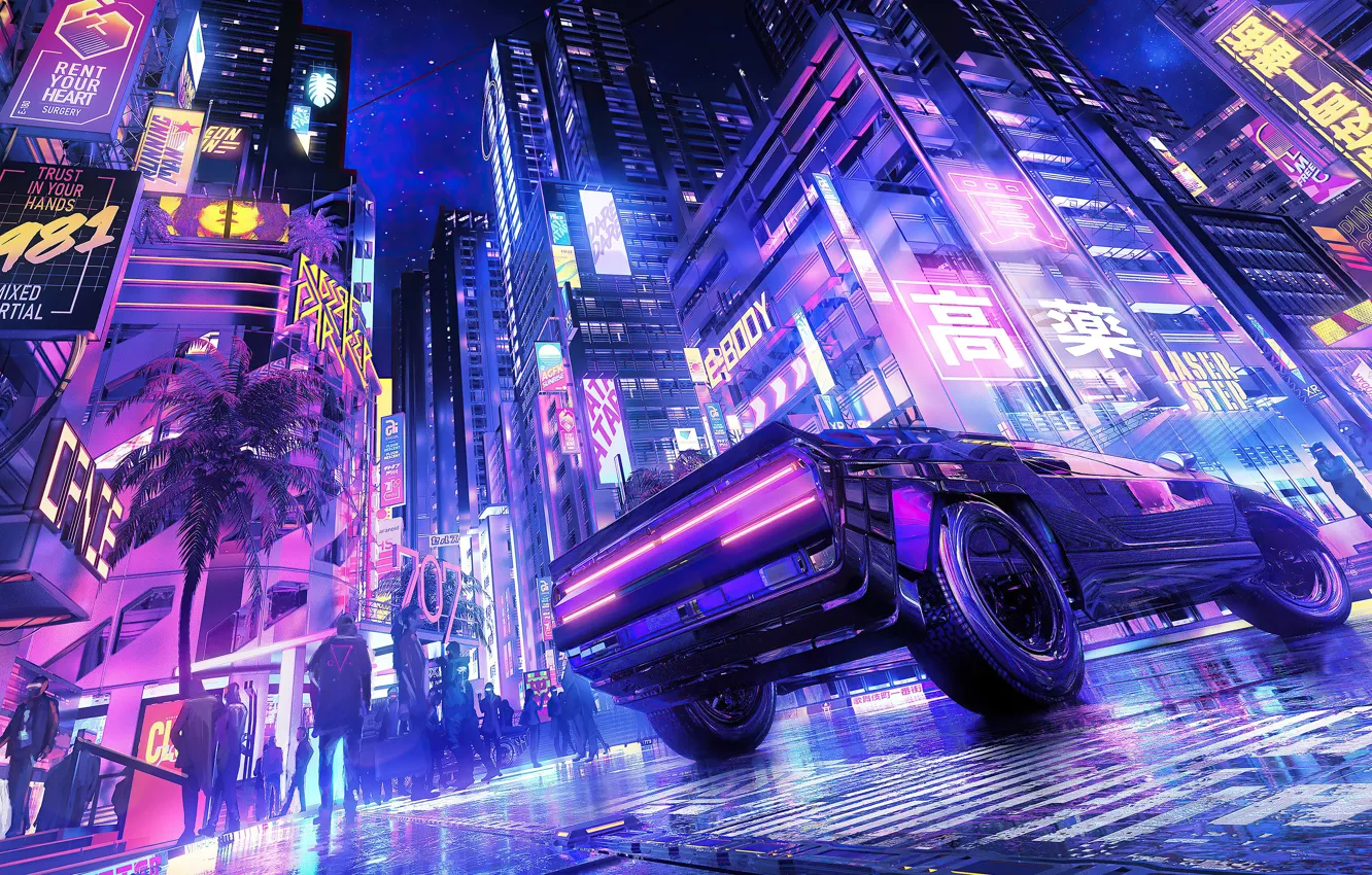 Photo wallpaper car, supercar, japan, anime, art, street, cyberpunk, kanji