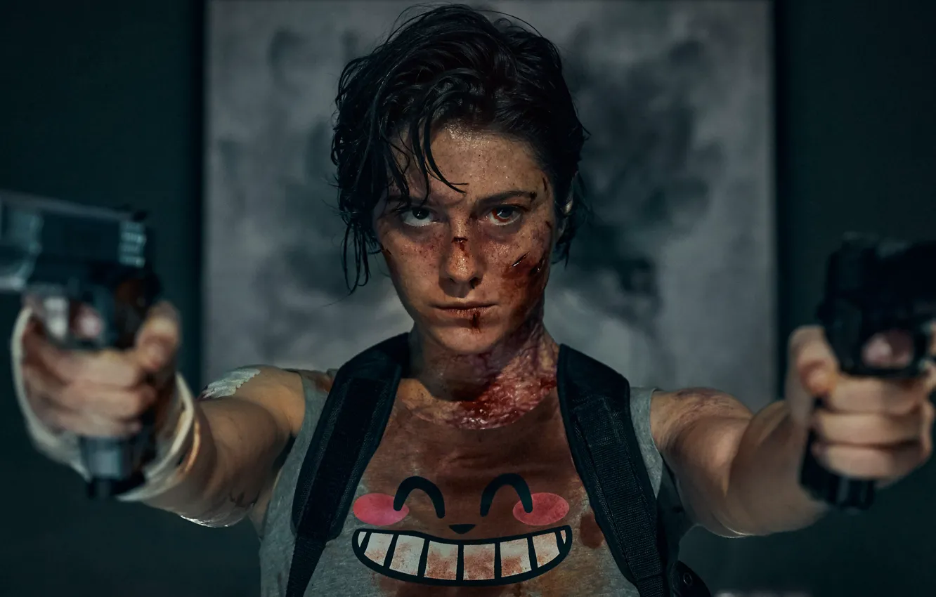 Photo wallpaper eyes, face, gun, weapons, blood, hair, Mike, cuts