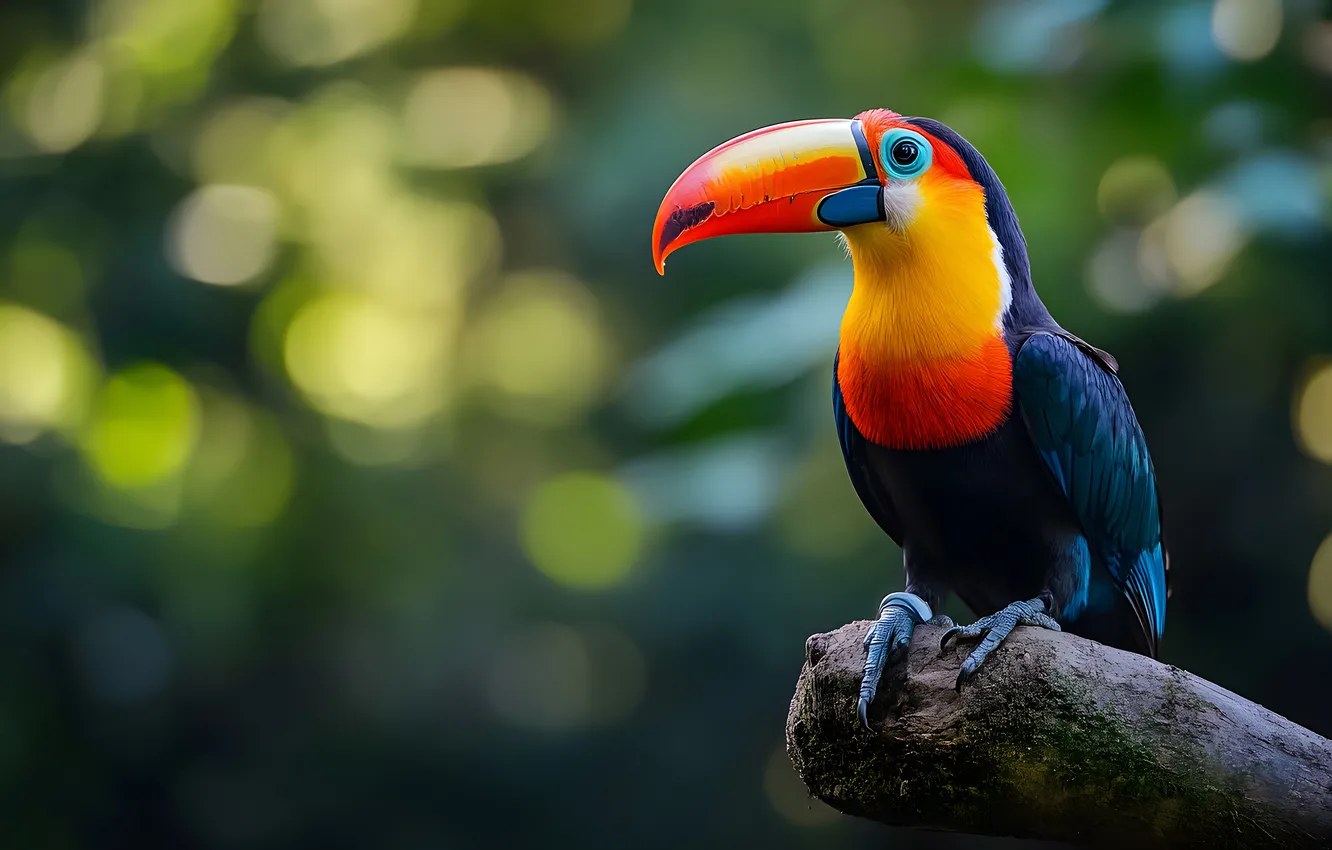 Photo wallpaper look, nature, the dark background, bird, Toucan, bokeh, AI art, neural network