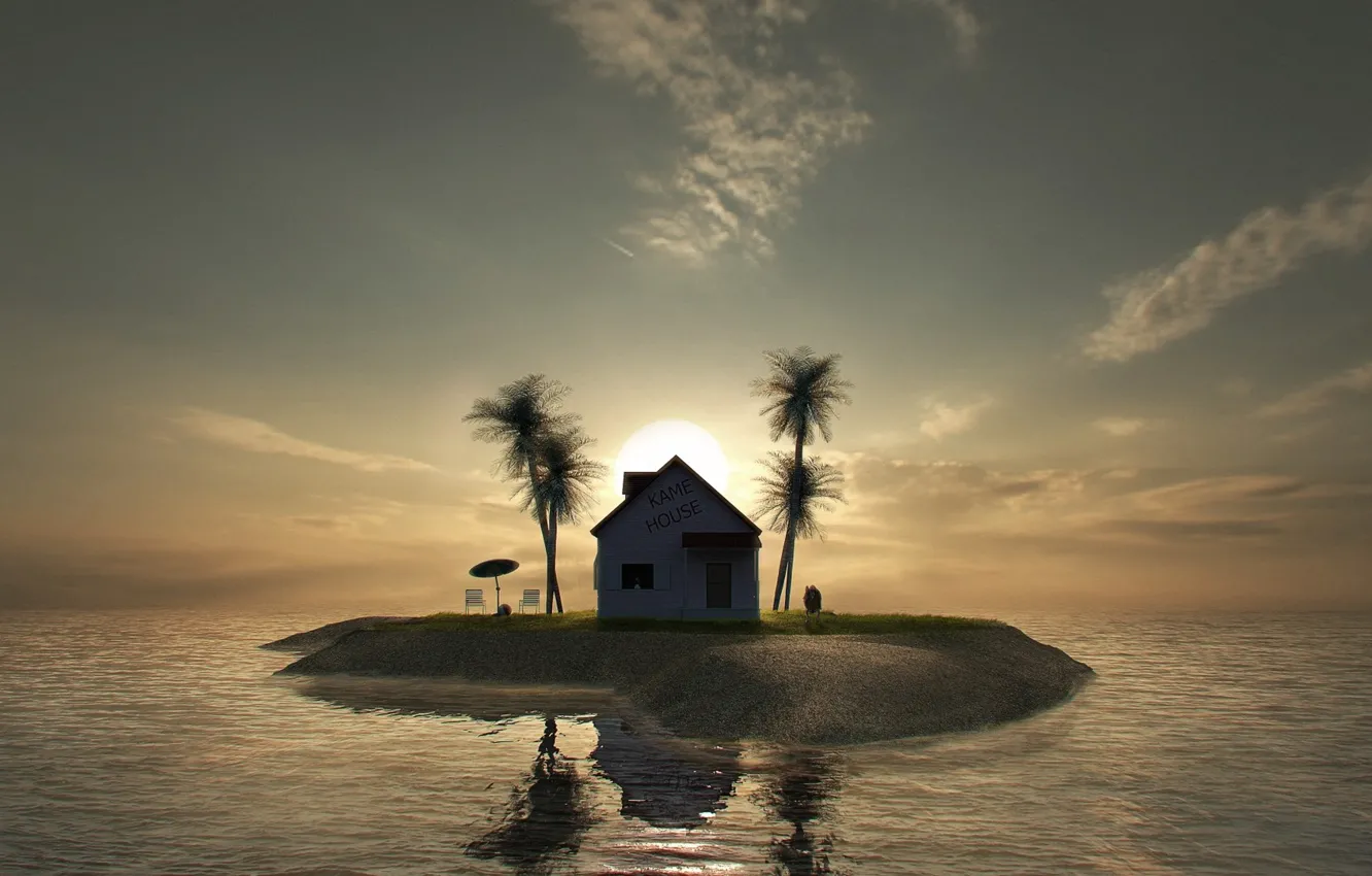 Photo wallpaper house, palm trees, island, Kame House