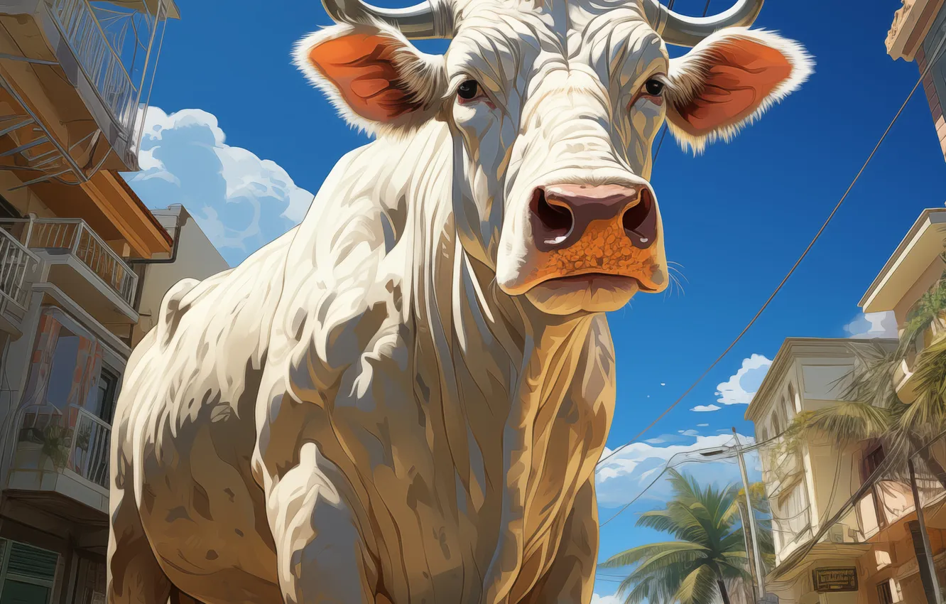 Photo wallpaper face, home, cows, horns, digital art, AI art, The Art of Artificial Intelligence, neural network