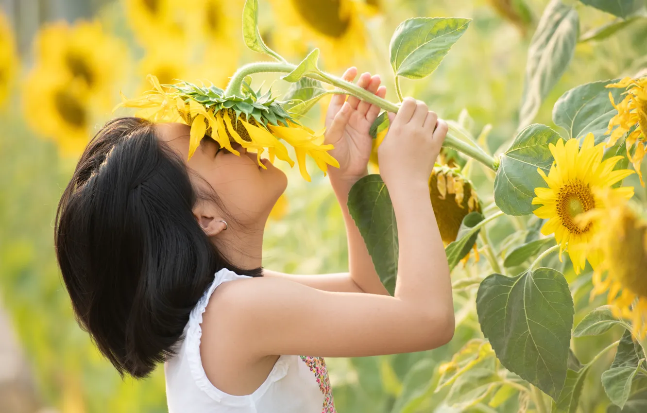 Photo wallpaper Nature, Yellow, Smile, Summer, Face, Hair, Child, Girl