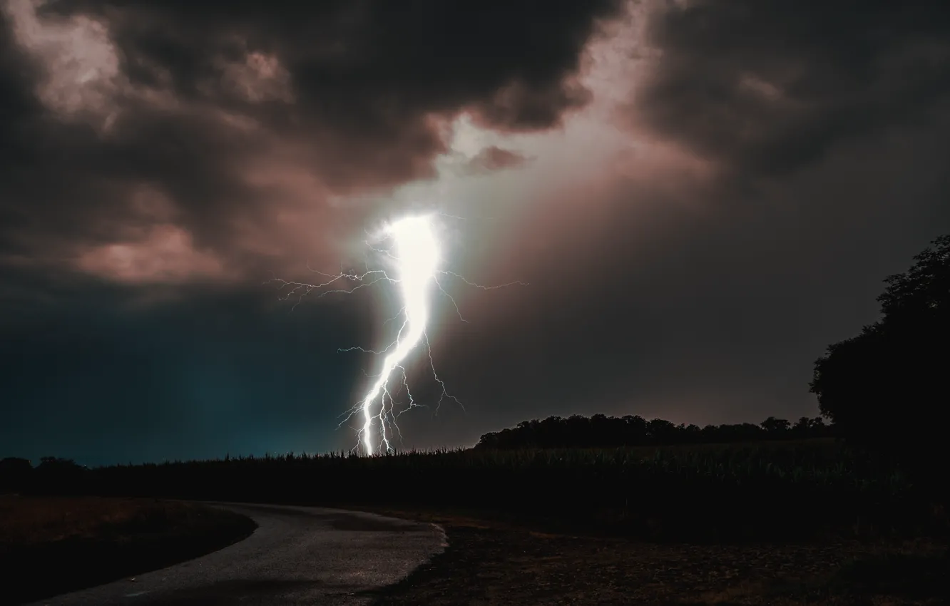 Photo wallpaper road, the storm, night, lightning