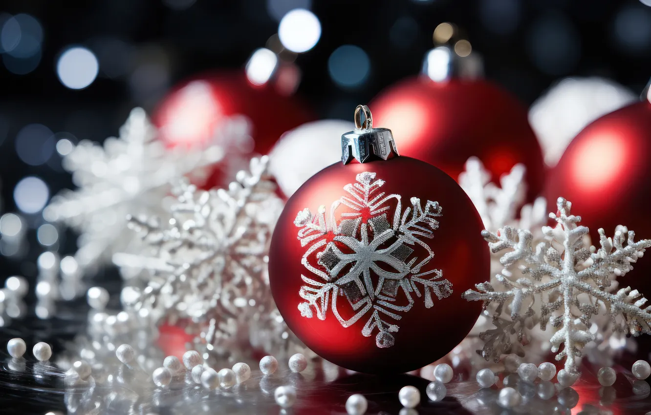Photo wallpaper balls, snowflakes, red, reflection, the dark background, balls, Shine, new year