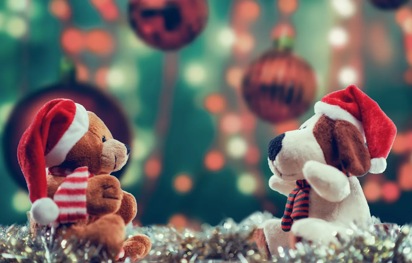 Photo wallpaper Christmas, New year, bear, tinsel, dog, plush toy