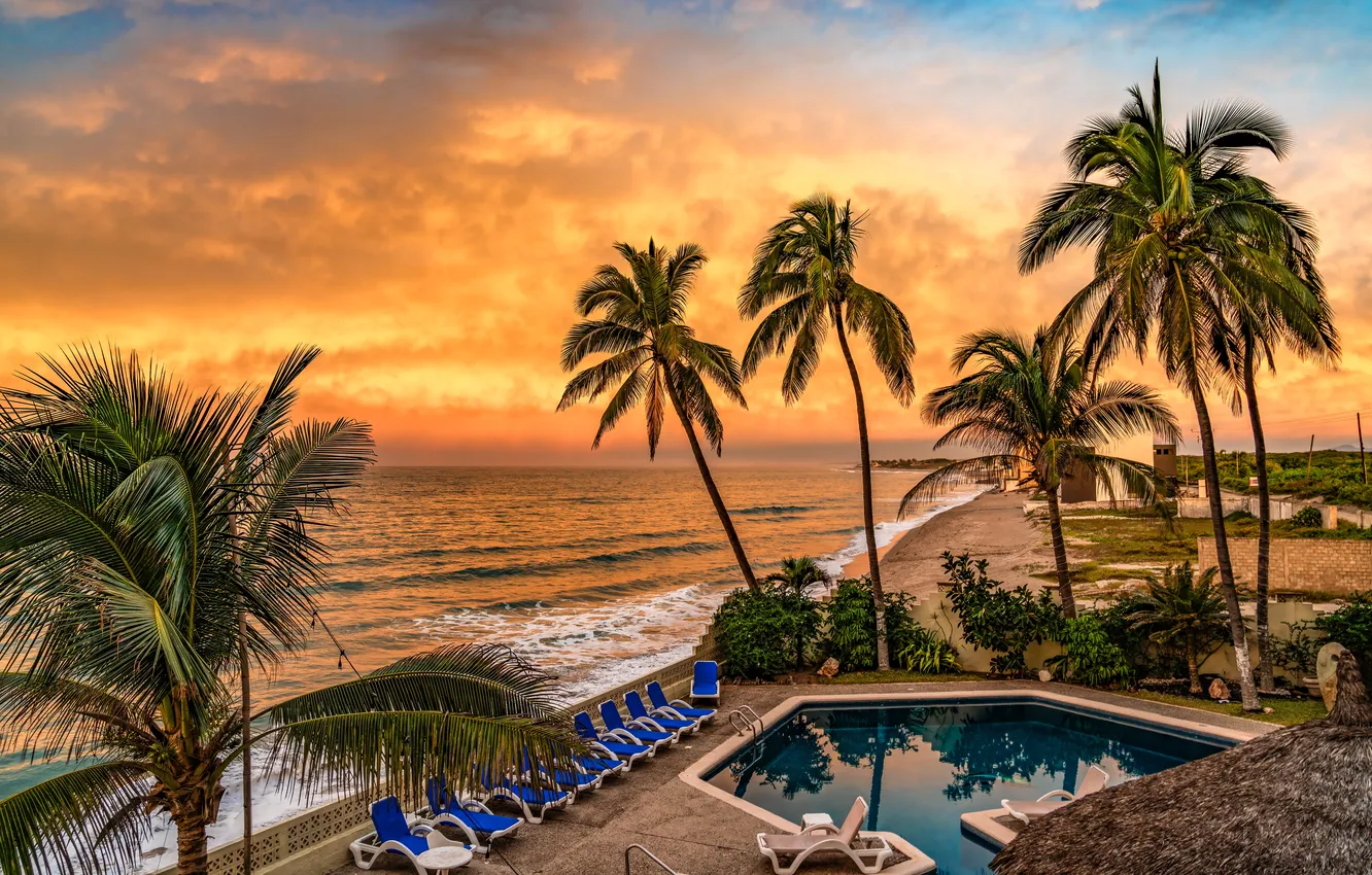 Photo wallpaper sunset, palm trees, the ocean, dawn, coast, Mexico, Mazatlan